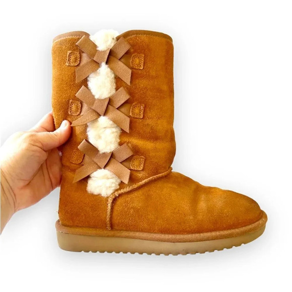 Koolaburra by UGG 9” Shearling Boots Size 5 Tan Suede Bow Details Warm Cozy Boot - Picture 1 of 11